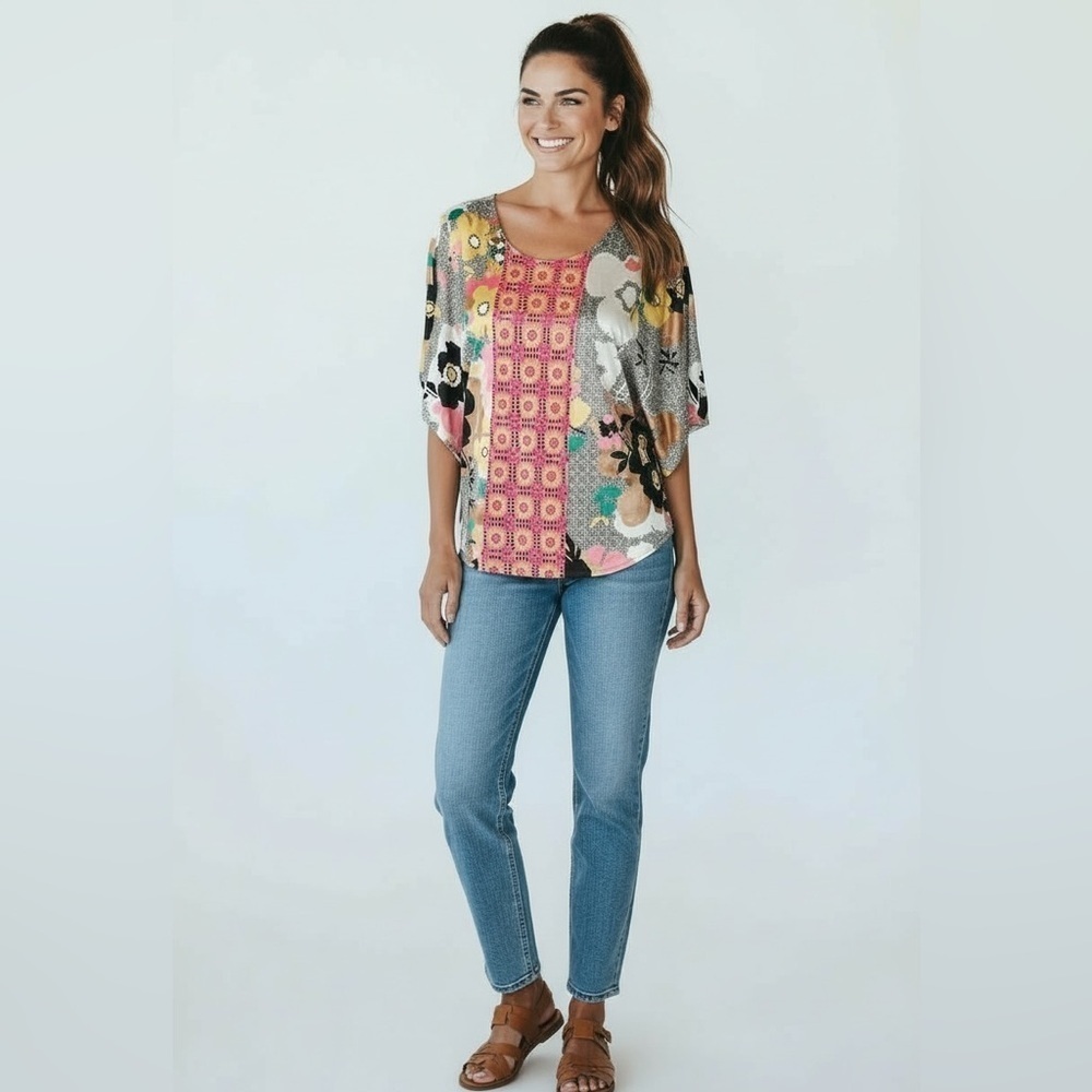 Bisou Bisou Women’s Patchwork Floral Blouse Size Medium